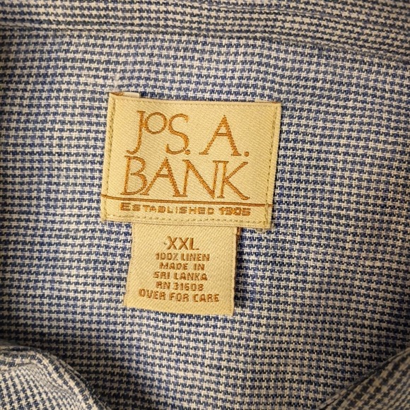 Jos A Bank Shirt Mens XXL Blue 100% Linen Houndstooth Plaid Double Flap Pockets - Picture 2 of 8